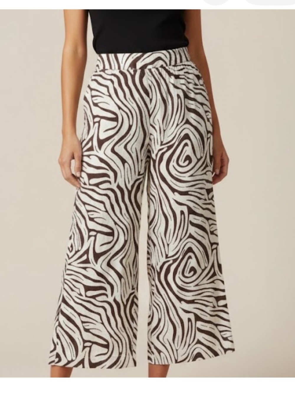 Tahari 100% Linen Brown & White Zebra-Print Wide Leg Capri Pants SZ M *flaw